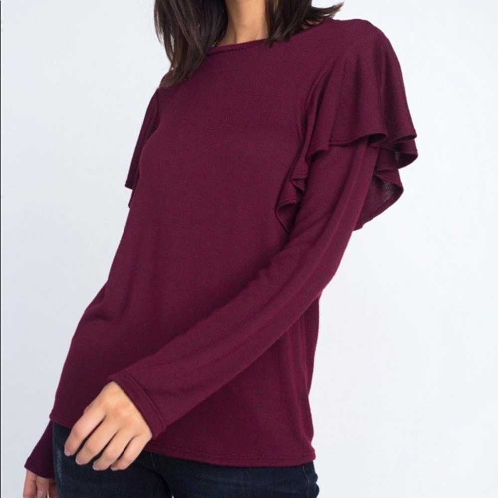 Wine Ruffled Sleeve Top